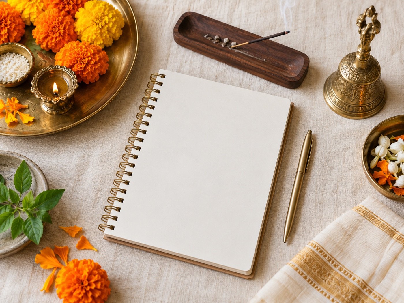 Illustrative puja service selection checklist with traditional ritual items