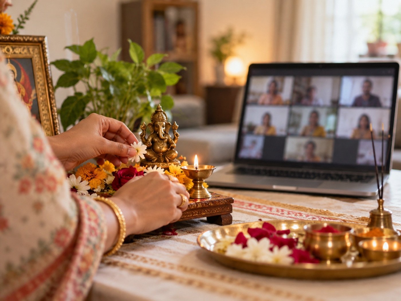 Illustrative arrangement for remote online puja participation