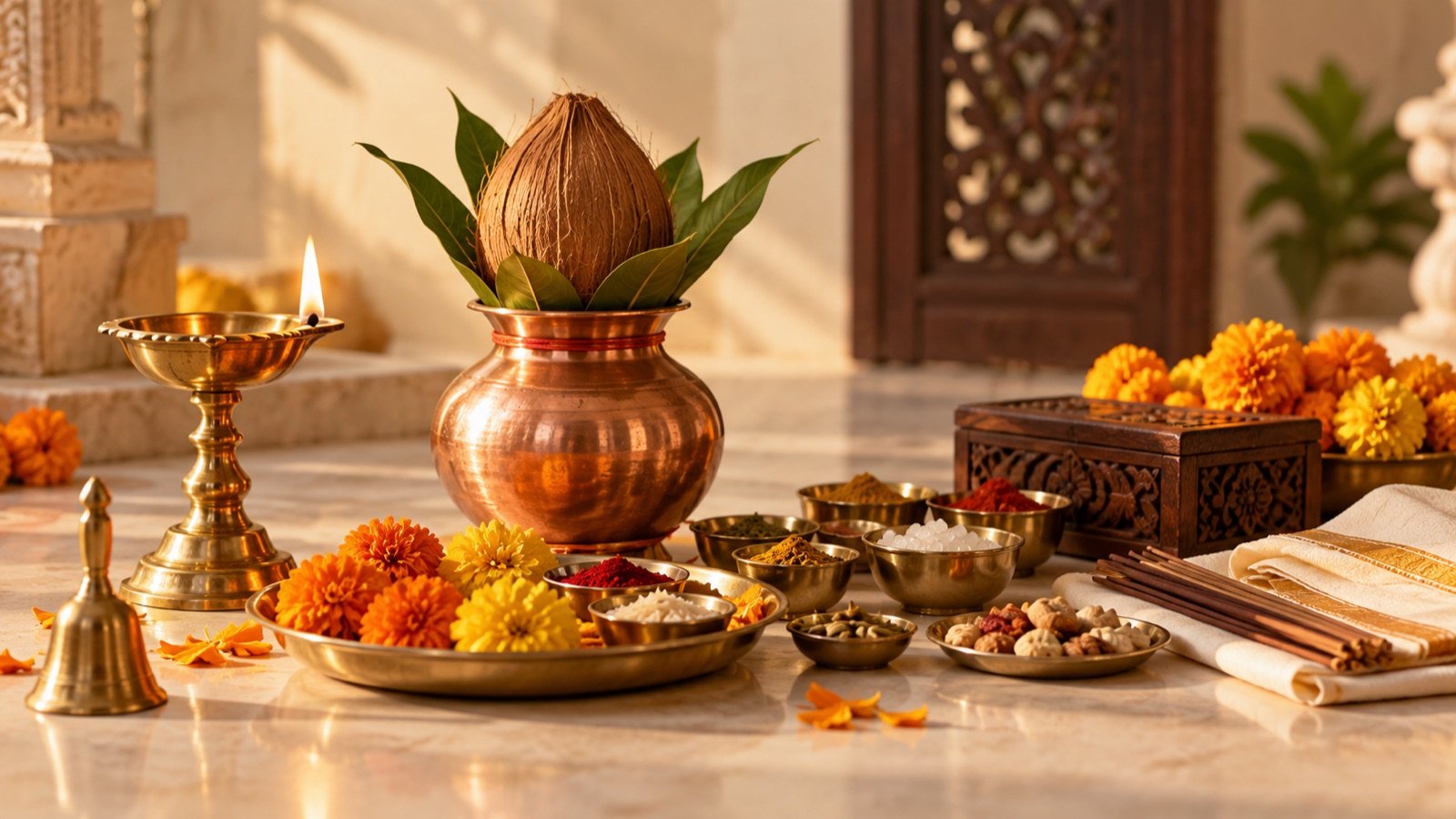 Illustrative puja setup with diya, kalash, marigold flowers and Samagri