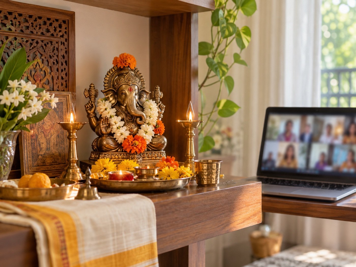 Illustrative home puja setup prepared for remote participation