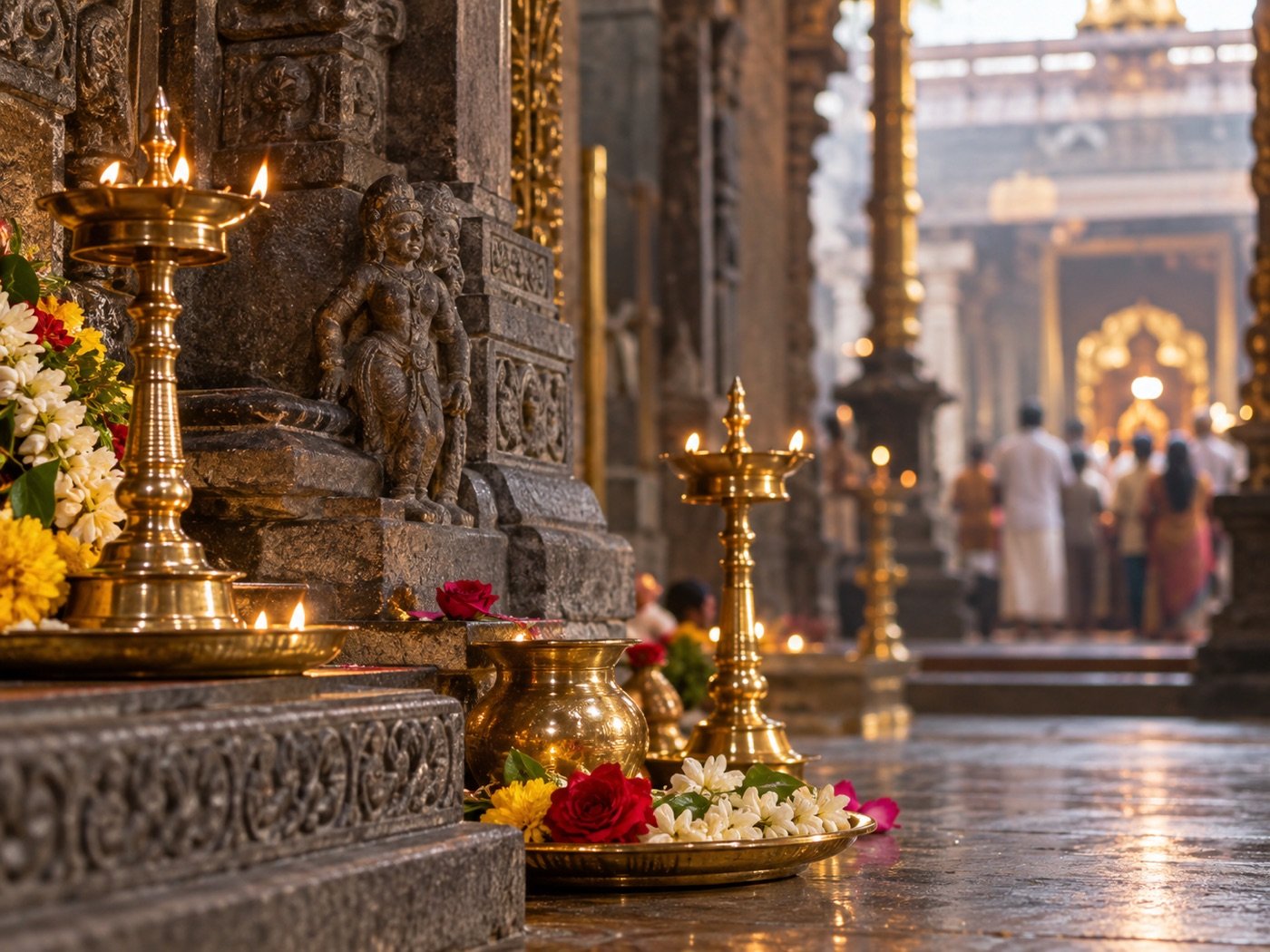 Illustrative Hindu temple prayer space with traditional lamps and flowers