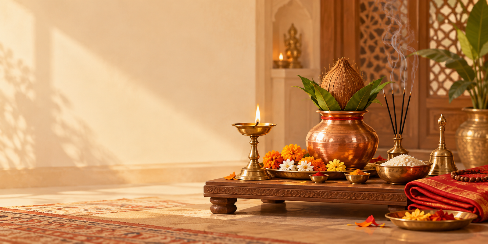 Illustration of puja Samagri prepared for an online Vedic puja
