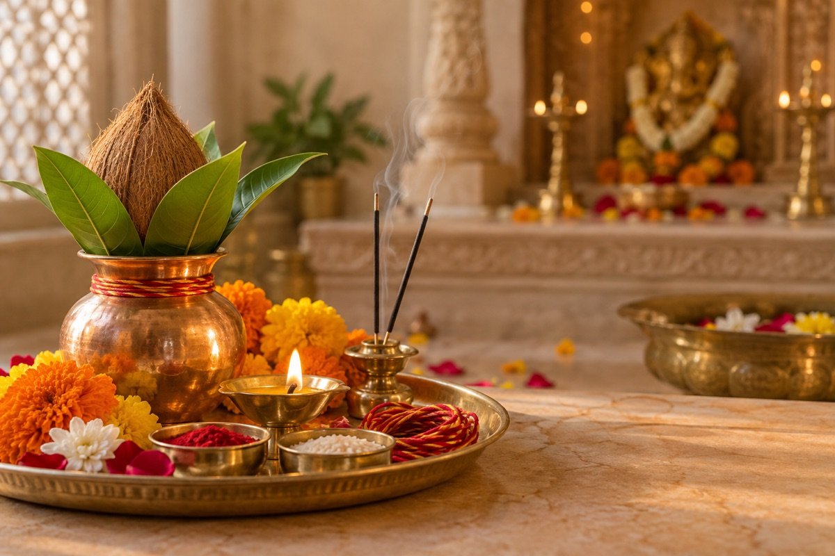 Puja thali prepared with diya, flowers and a kalash