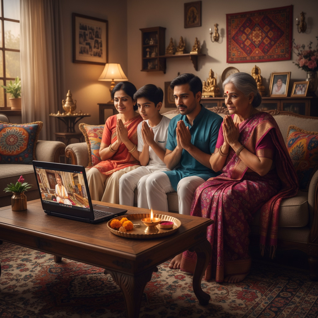 family joining live puja online from home