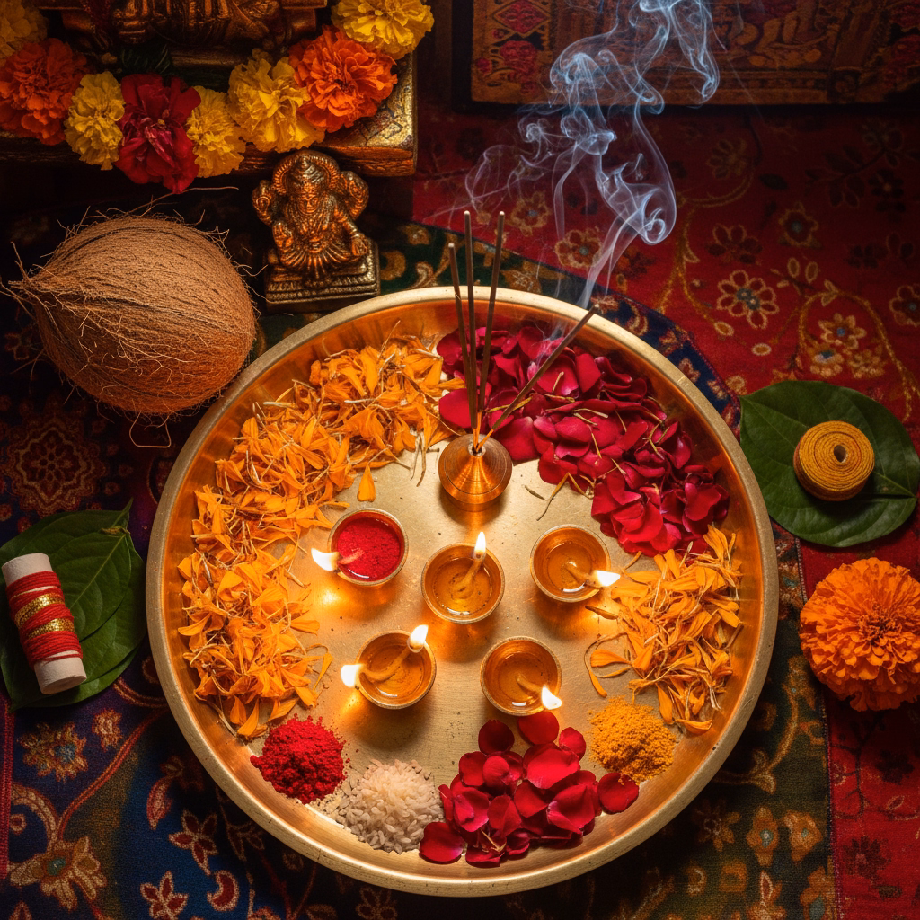 vedic puja samagri arranged for ritual